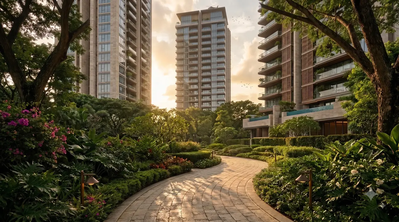Landscaped garden promenade leading to the Nine Zero towers